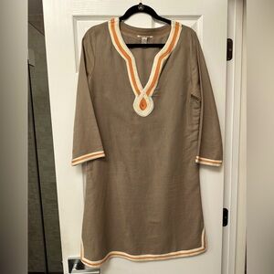 LUCKY Brand- 55% Linen 45% Cotton. Taupe Dress with soutache trim. Size M